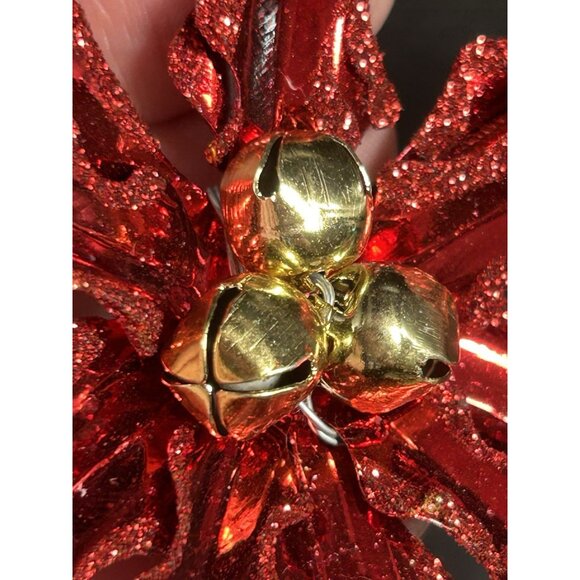 Vintage Poinsettia ClipOn Christmas Ornament Metallic Glitter w/ Jingle Bells 5” - Picture 4 of 7